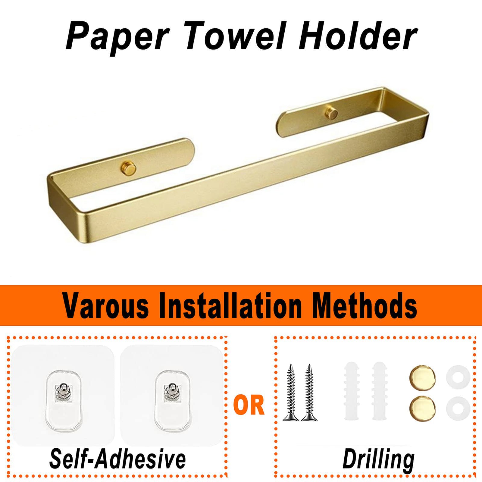 Gold Kitchen Bathroom Paper Holder Towel Holder Self Adhesive or Screw Mount 40cm 4