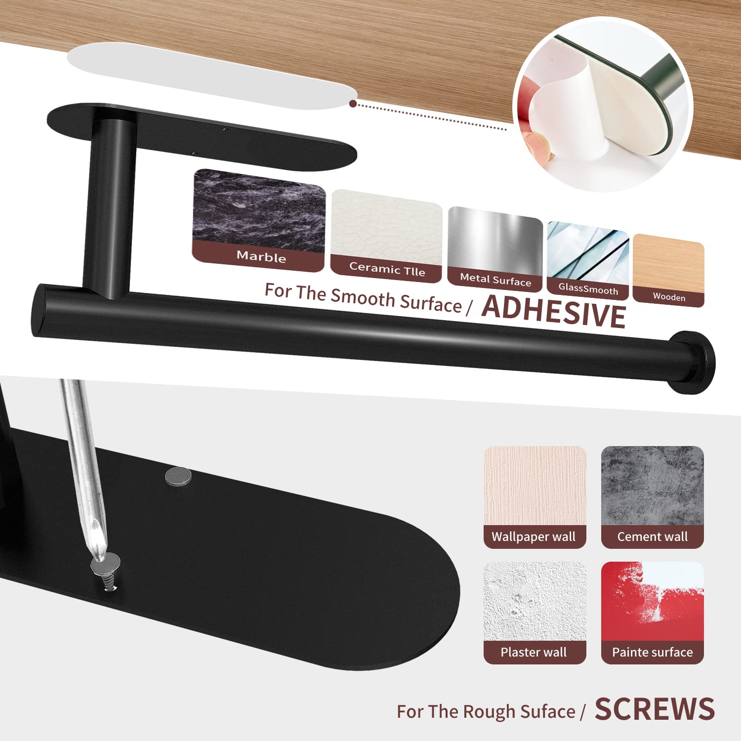 Kitchen Paper Holder Under Cabinet Wall Mount Adhesive Paper Towel Holder  Black 6