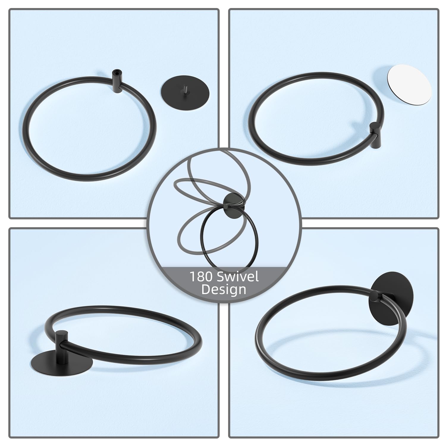 Bathroom Towel Ring Bathroom Towel Rack Adhesive Hand Towels Holder Towel Hanger Round Black 3