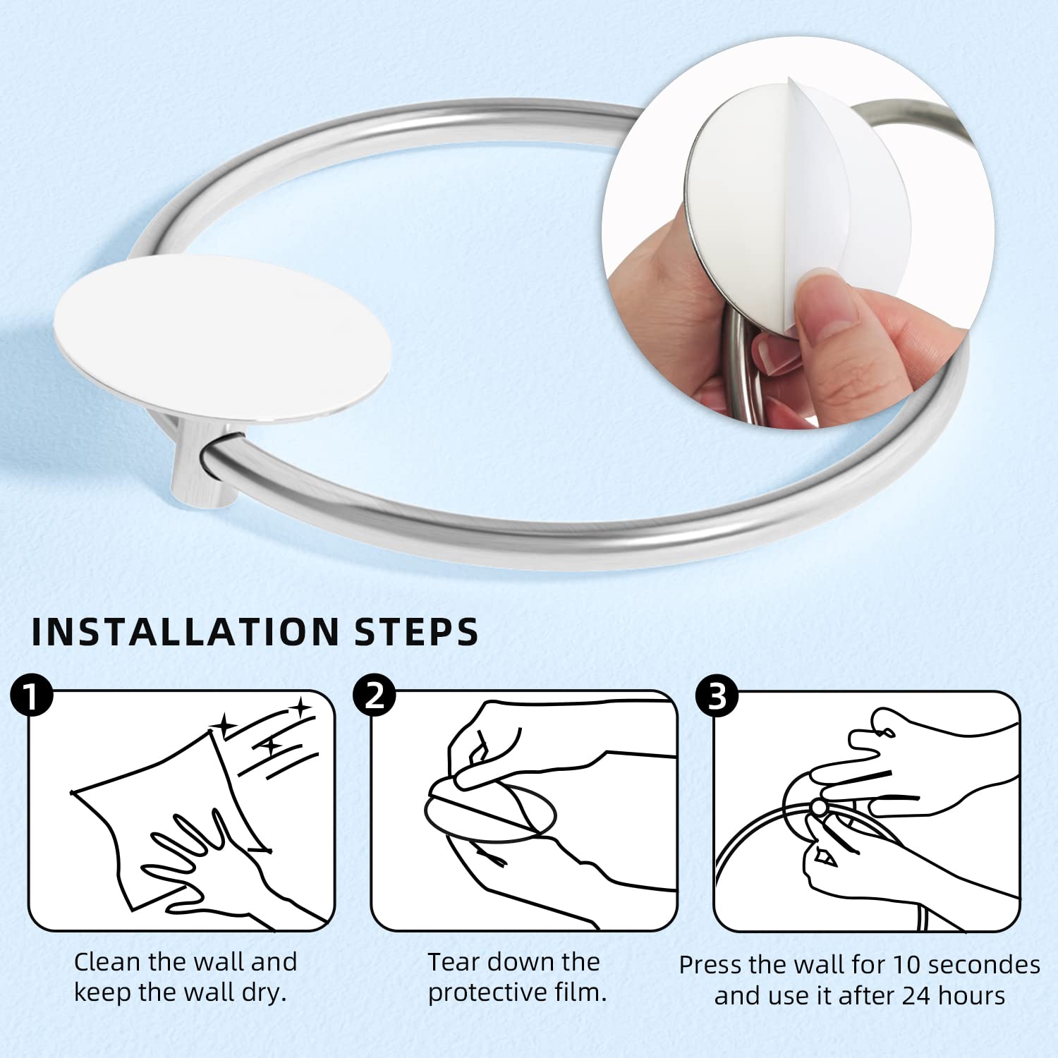 Bathroom Towel Ring Bathroom Towel Rack Adhesive Hand Towels Holder Towel Hanger Round Silver 5