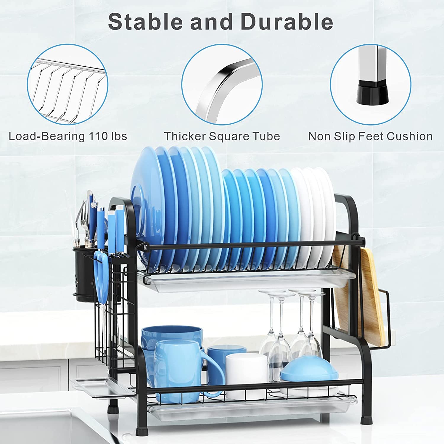 Dish Rack 2 Tier Dish Dryer Drainer Stainless Steel Dish Drying Rack Drip Trays Side Holder Kitchen Storage Save Space 3
