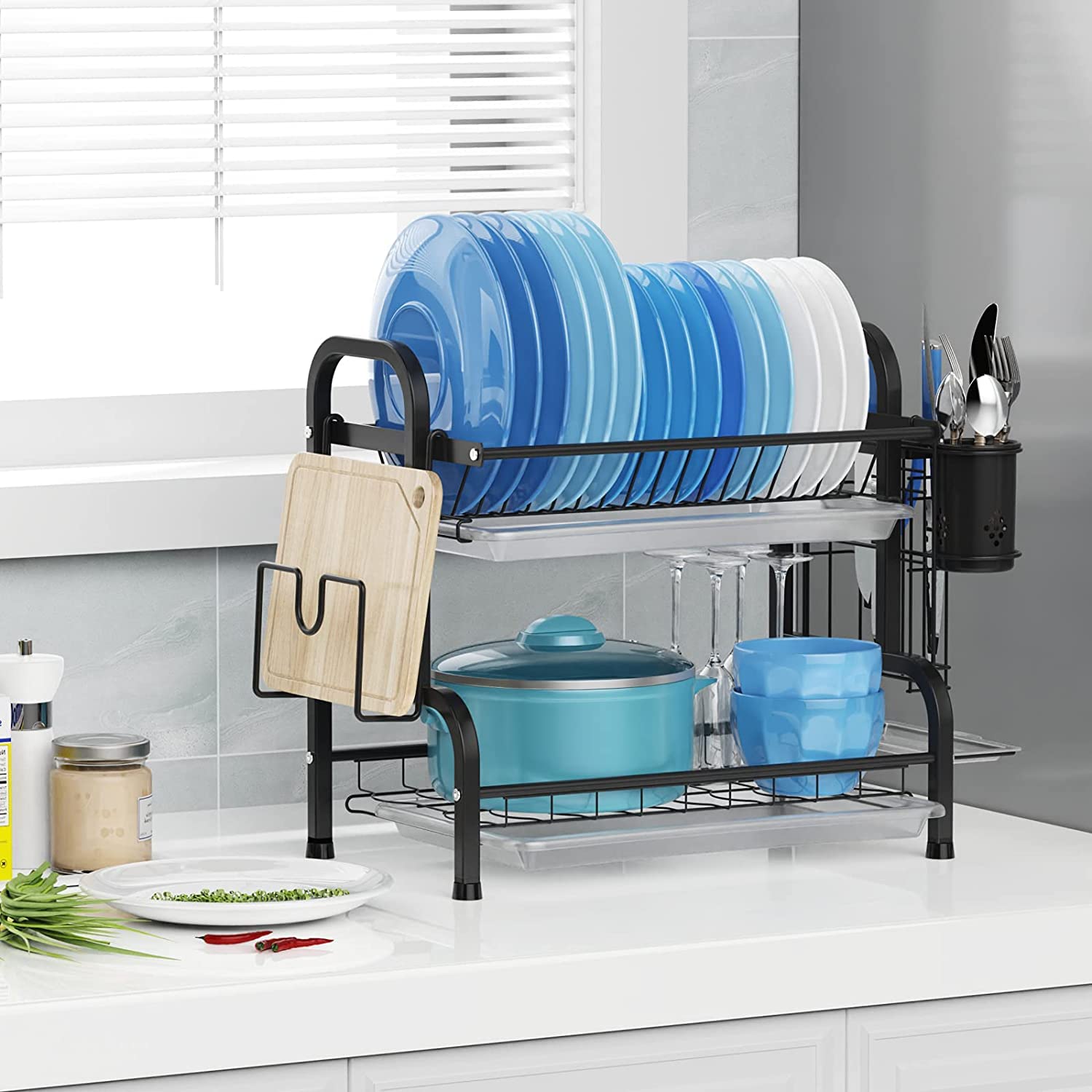 Dish Rack 2 Tier Dish Dryer Drainer Stainless Steel Dish Drying Rack Drip Trays Side Holder Kitchen Storage Save Space 4