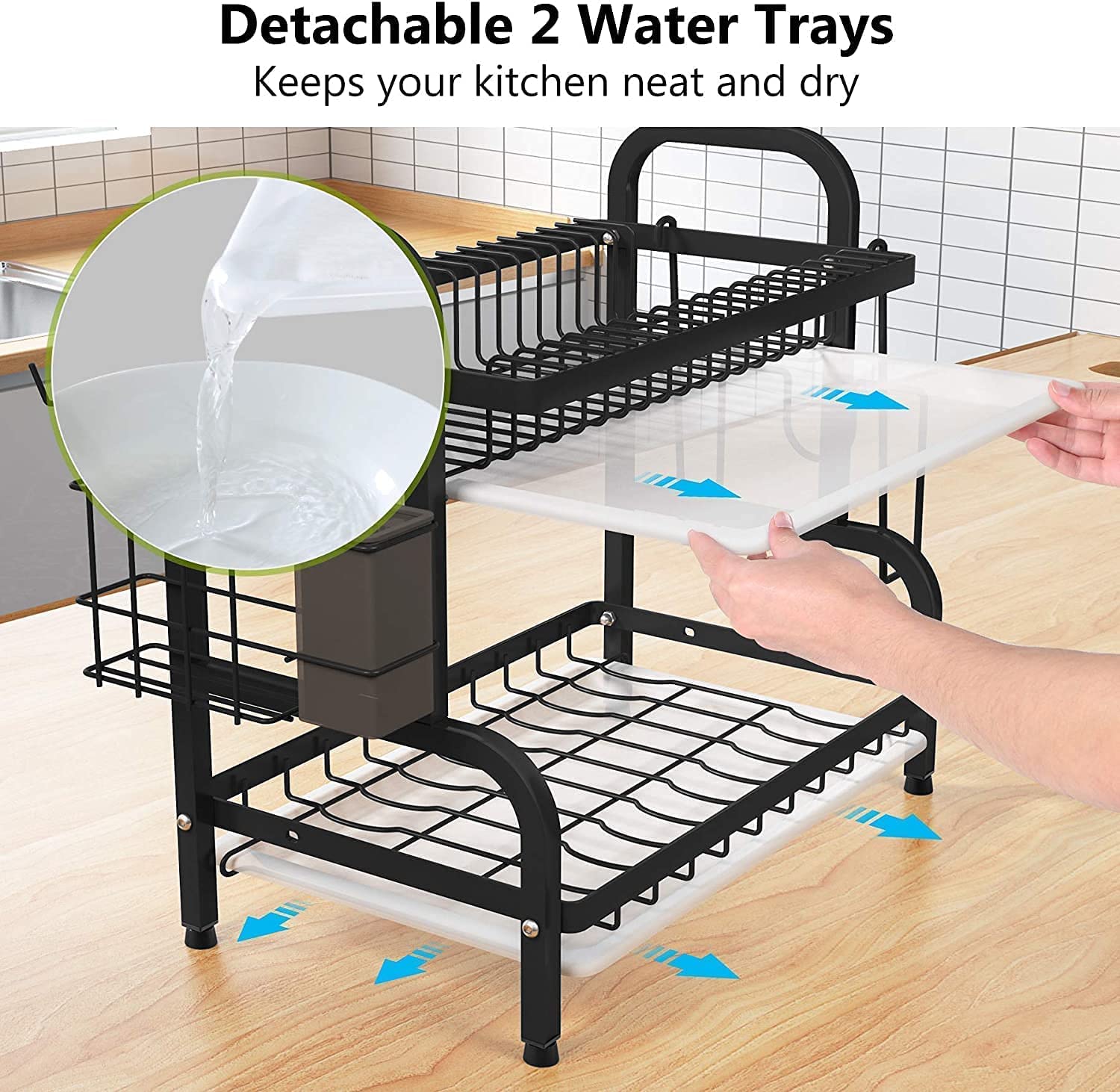 Dish Rack 2 Tier Dish Dryer Drainer Stainless Steel Dish Drying Rack Drip Trays Side Holder Kitchen Storage Save Space 6