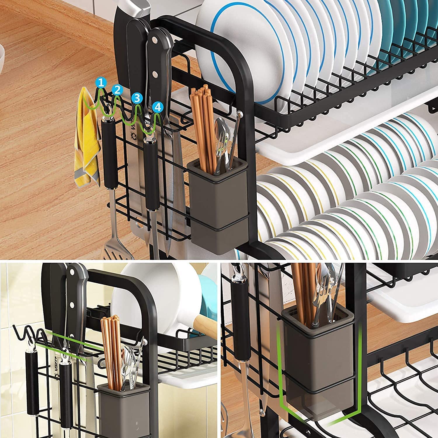 Dish Rack 2 Tier Dish Dryer Drainer Stainless Steel Dish Drying Rack Drip Trays Side Holder Kitchen Storage Save Space 7
