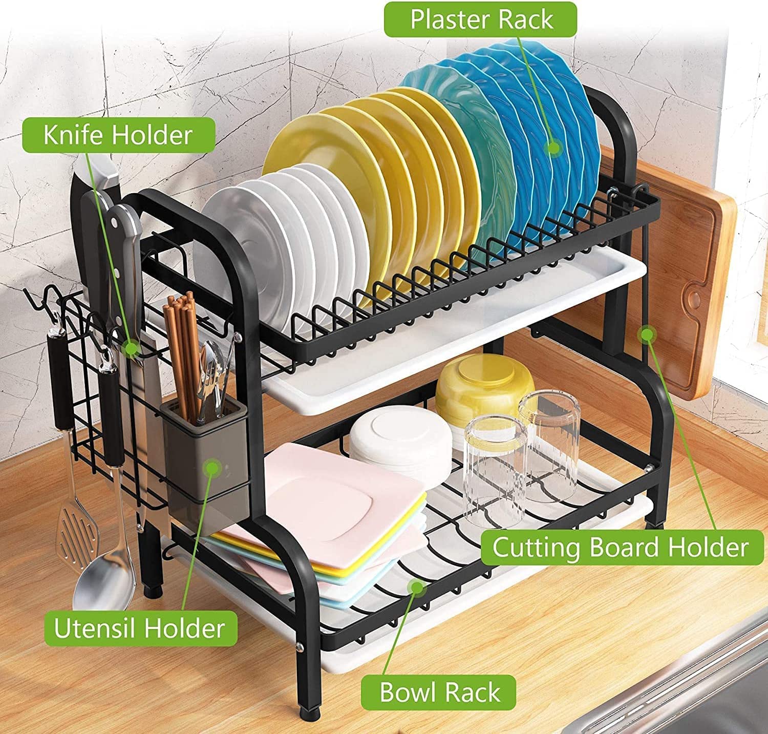 Dish Rack 2 Tier Dish Dryer Drainer Stainless Steel Dish Drying Rack Drip Trays Side Holder Kitchen Storage Save Space 8