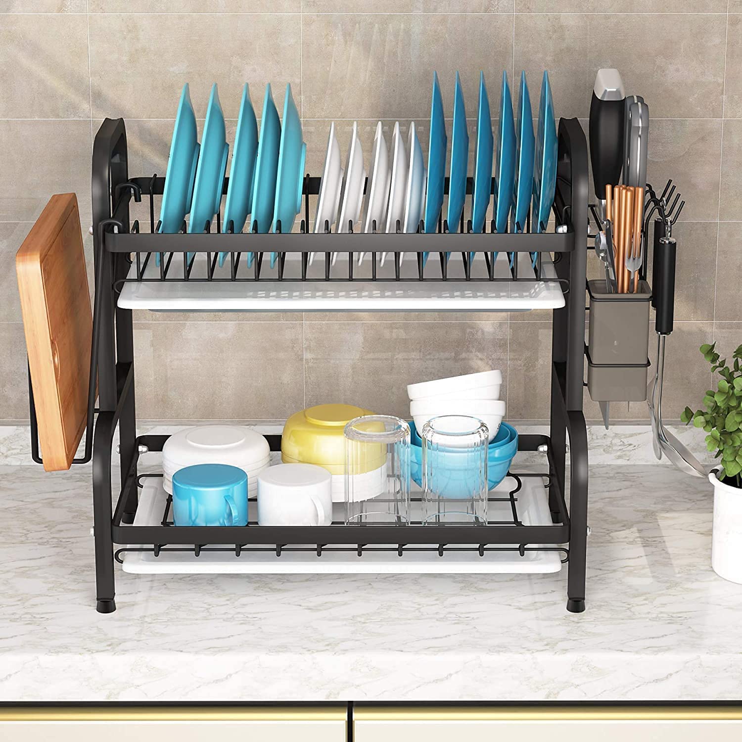 Dish Rack 2 Tier Dish Dryer Drainer Stainless Steel Dish Drying Rack Drip Trays Side Holder Kitchen Storage Save Space 9