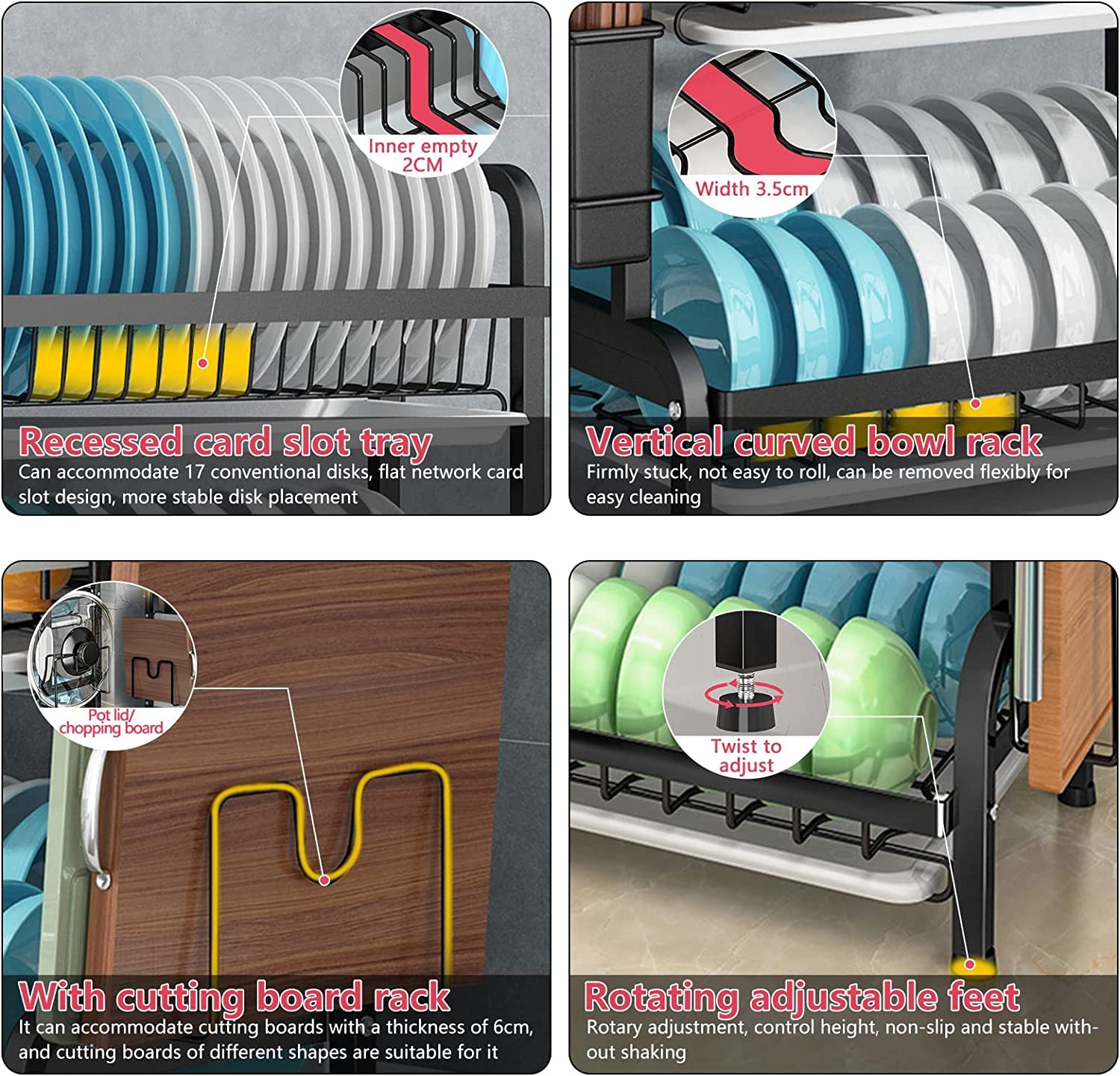 Dish Rack 3 Tier Dish Dryer Drainer Stainless Steel Dish Drying Rack Drip Trays Side Holder Kitchen Storage Save Space 6