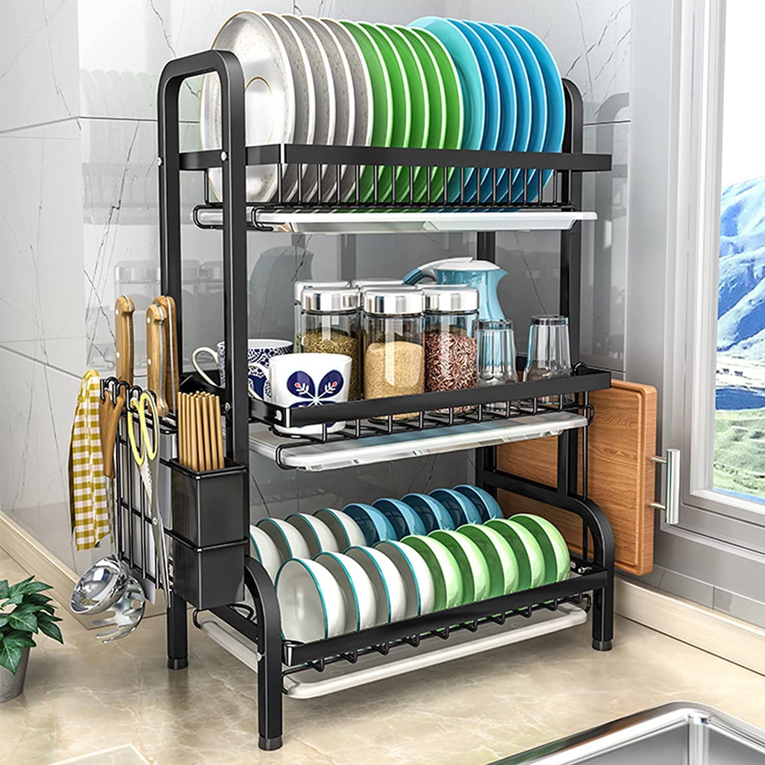 Dish Rack 3 Tier Dish Dryer Drainer Stainless Steel Dish Drying Rack Drip Trays Side Holder Kitchen Storage Save Space 8