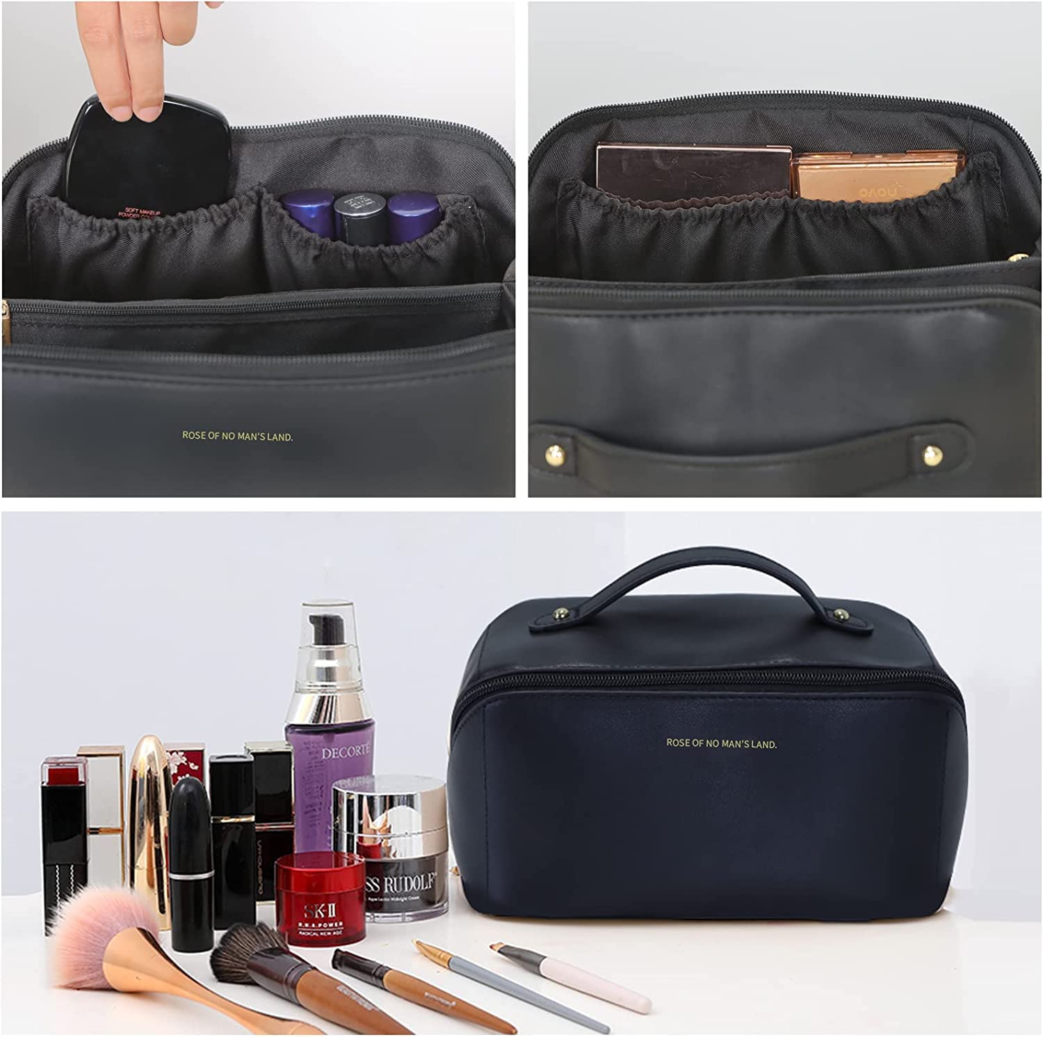 Large Travel Cosmetic Bag Portable Make up Makeup Bag Waterproof PU Leather Storage Black 5