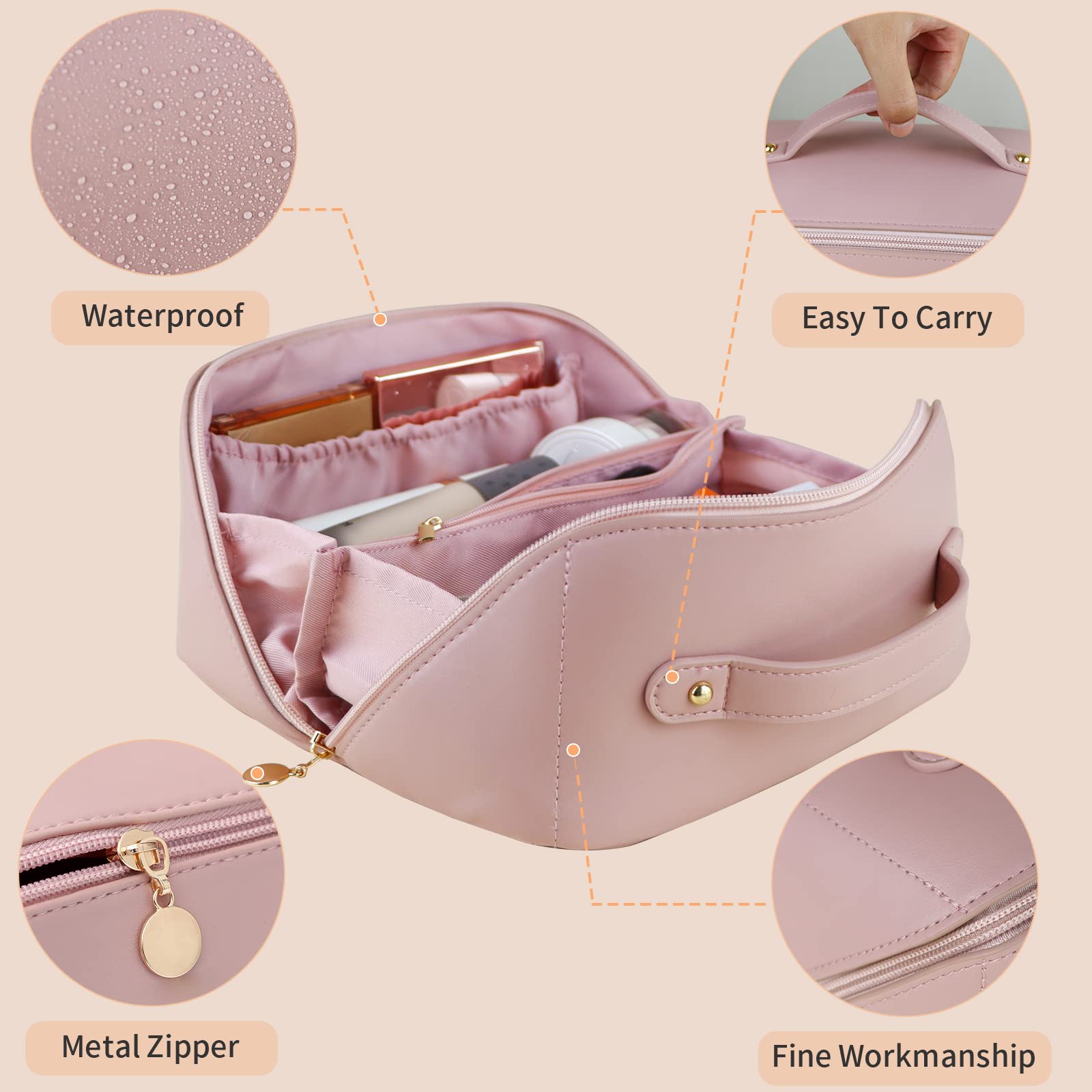 Large Travel Cosmetic Bag Portable Make up Makeup Bag Waterproof PU Leather Storage Pink 4