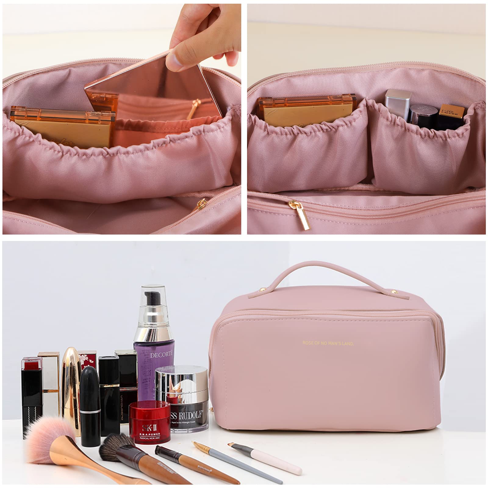 Large Travel Cosmetic Bag Portable Make up Makeup Bag Waterproof PU Leather Storage Pink 5
