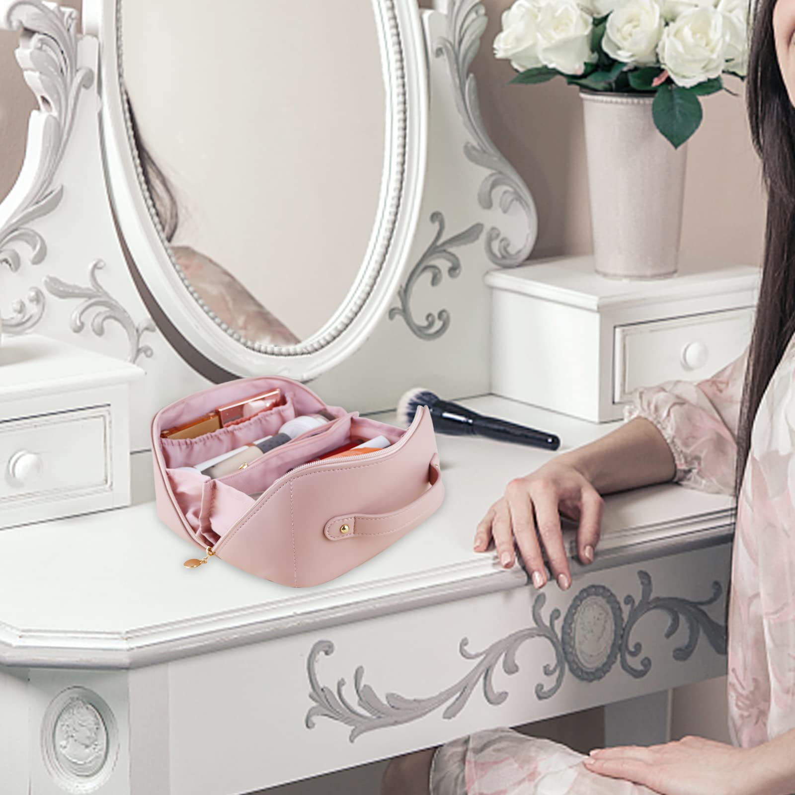 Large Travel Cosmetic Bag Portable Make up Makeup Bag Waterproof PU Leather Storage Pink 6