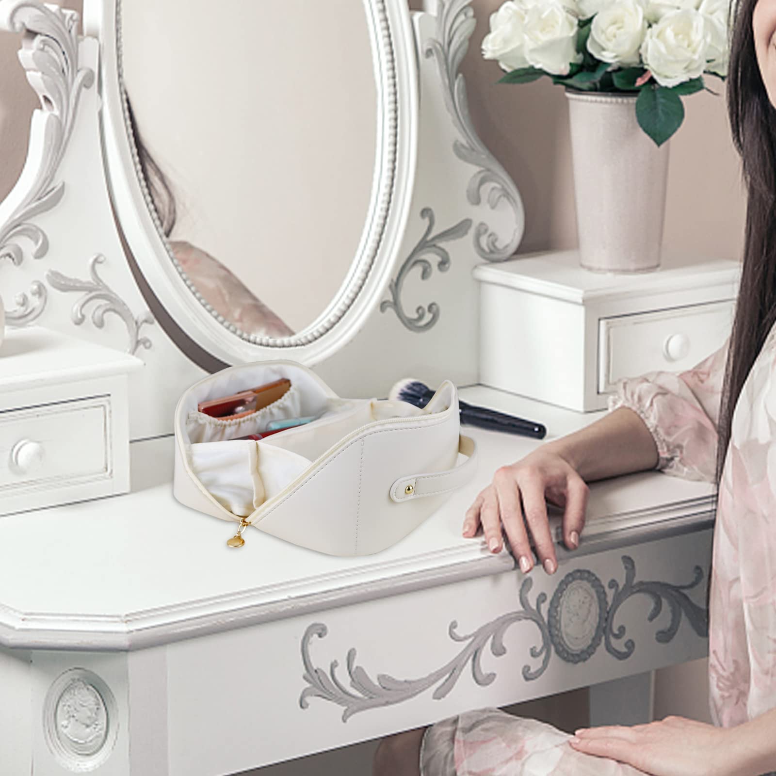 Large Travel Cosmetic Bag Portable Make up Makeup Bag Waterproof PU Leather Storage White 4