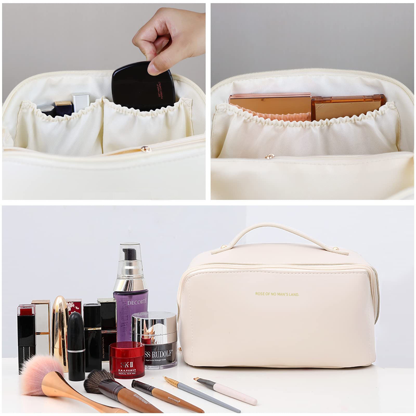 Large Travel Cosmetic Bag Portable Make up Makeup Bag Waterproof PU Leather Storage White 5