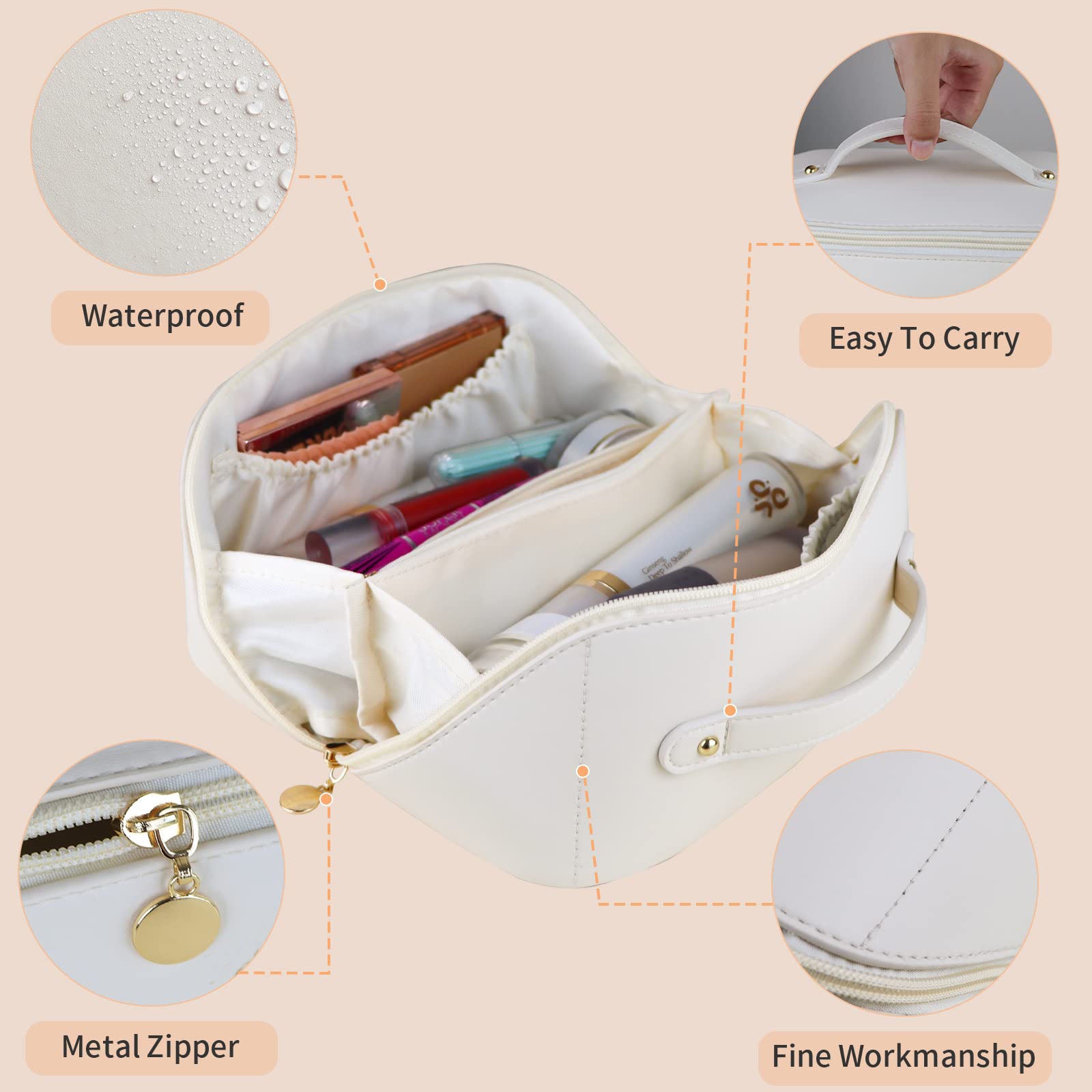 Large Travel Cosmetic Bag Portable Make up Makeup Bag Waterproof PU Leather Storage White 6