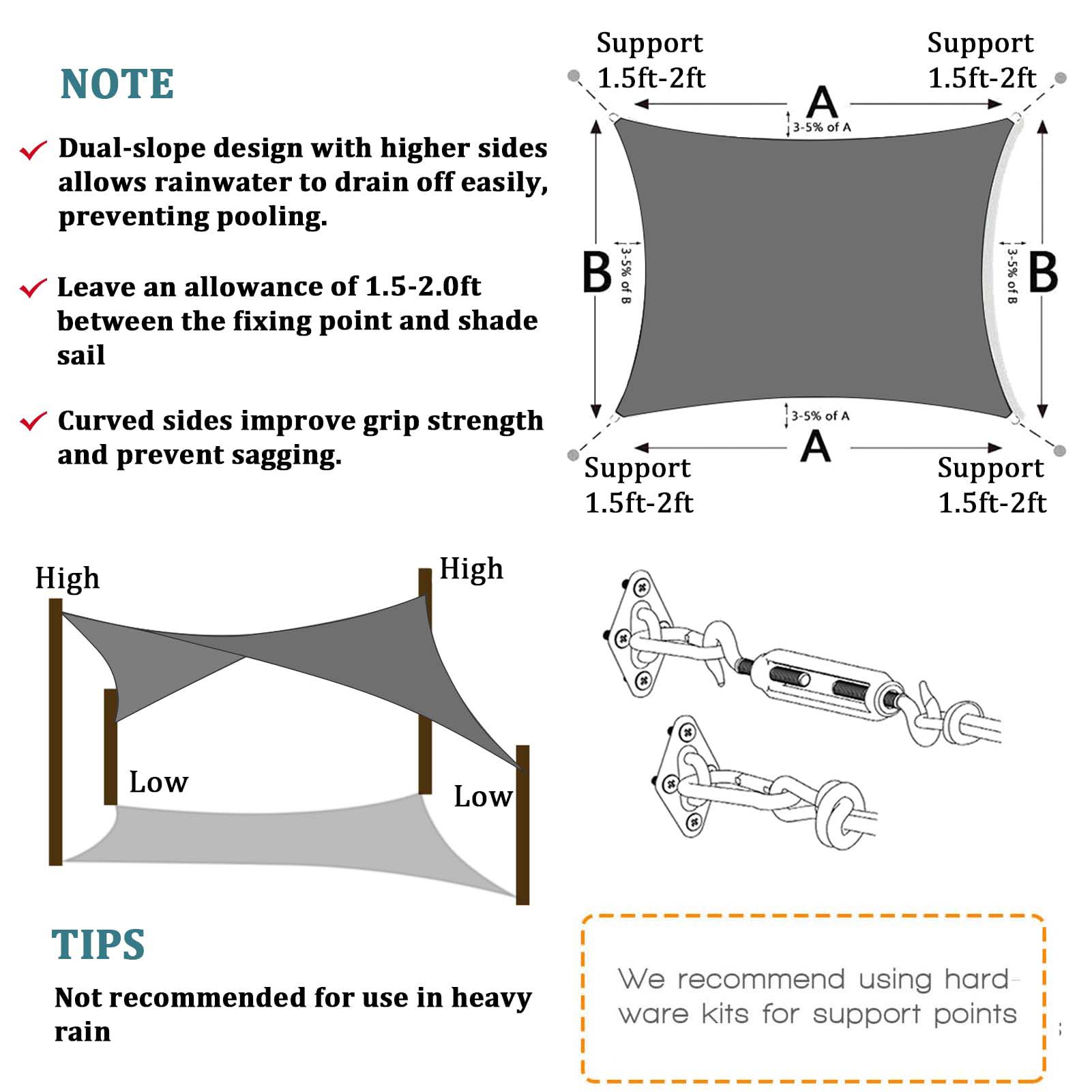 3m x 4m Grey Rectangle Sun Shade Sails for Patios Sun UV Outdoor Canopy Backyard Sunshades 4
