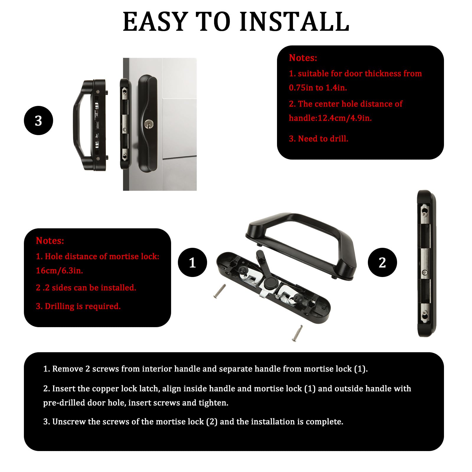 Sliding Patio Door Handle Set Mortise Lock Suitable for Sliding Glass Patio Door Keyed Black 4