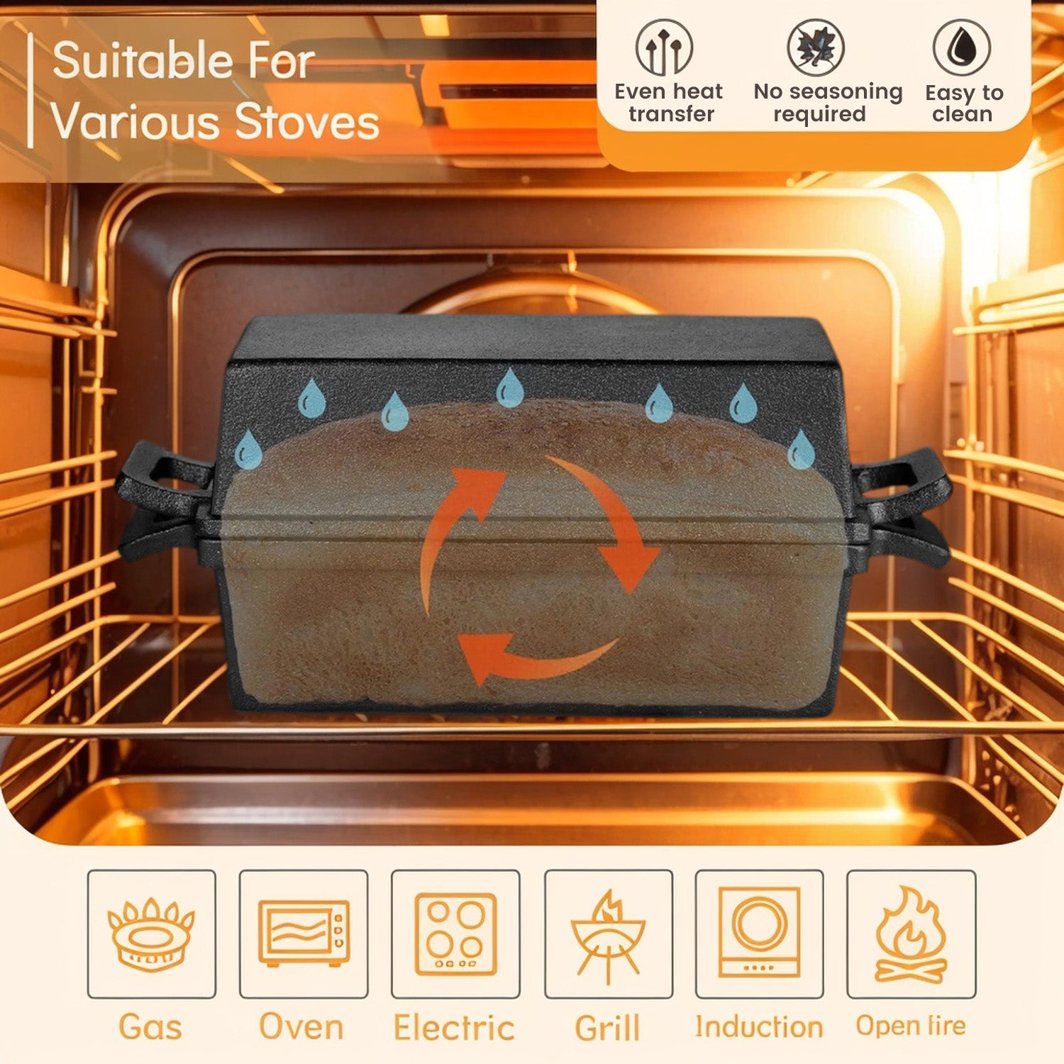 2-in-1 Cast Iron Bread Loaf Pan Tin with Lid Dual Use Baking Dish with Ergonomic Handles, Pre-Seasoned for Oven Cooking 4