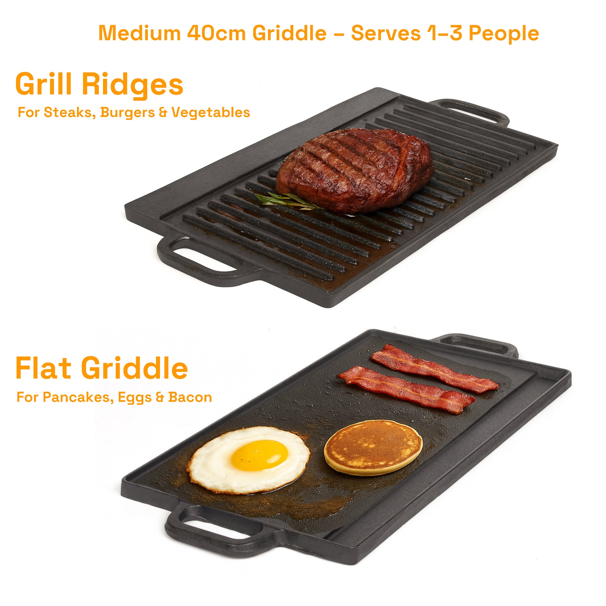 40 cm Reversible Cast Iron Grill & Griddle -Dual-Sided (Flat & Ribbed), Pre-Seasoned, Handles, for Stove-Top & Outdoor Use 3