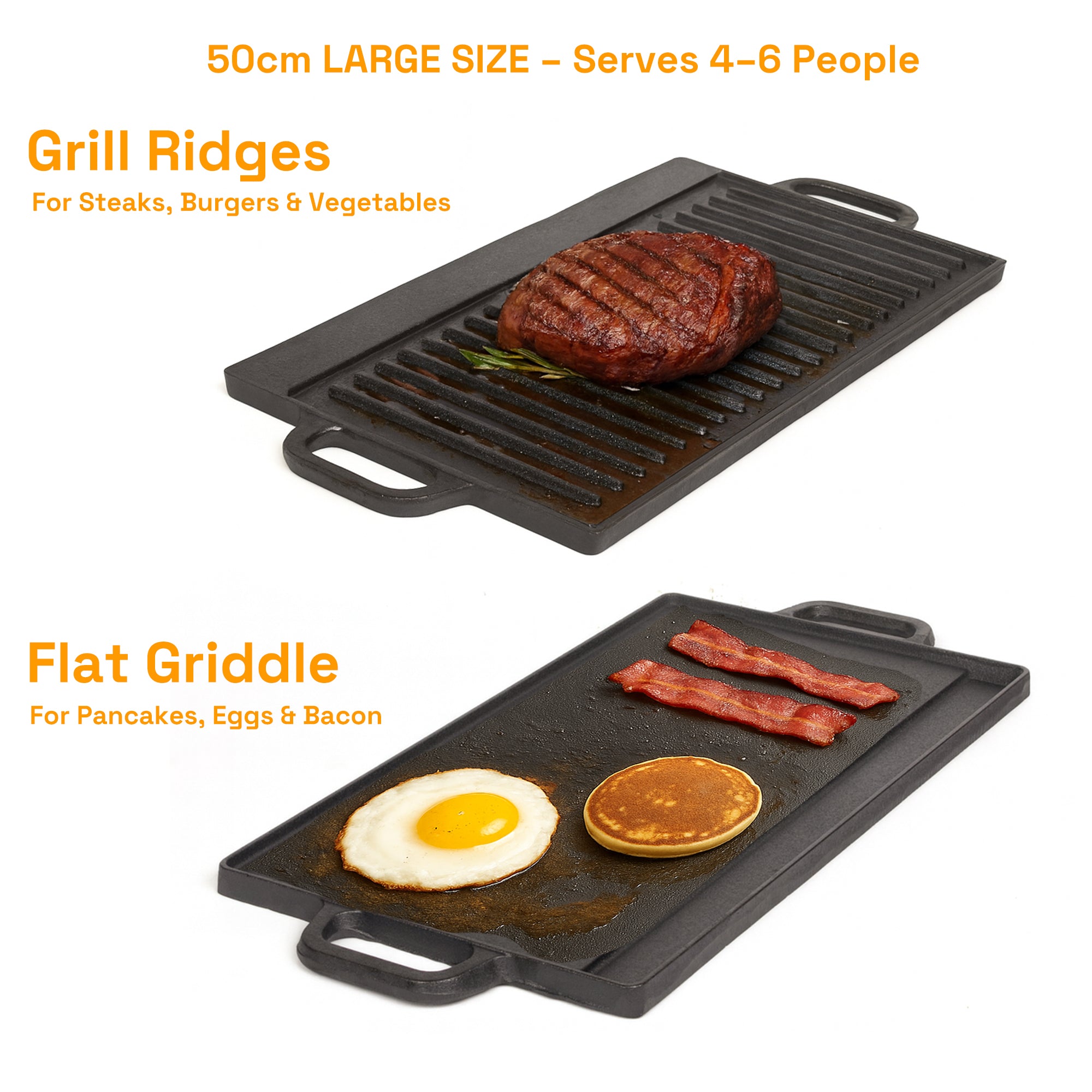 50 cm Reversible Cast Iron Grill & Griddle -Dual-Sided (Flat & Ribbed), Pre-Seasoned, Handles, for Stove-Top & Outdoor Use 3