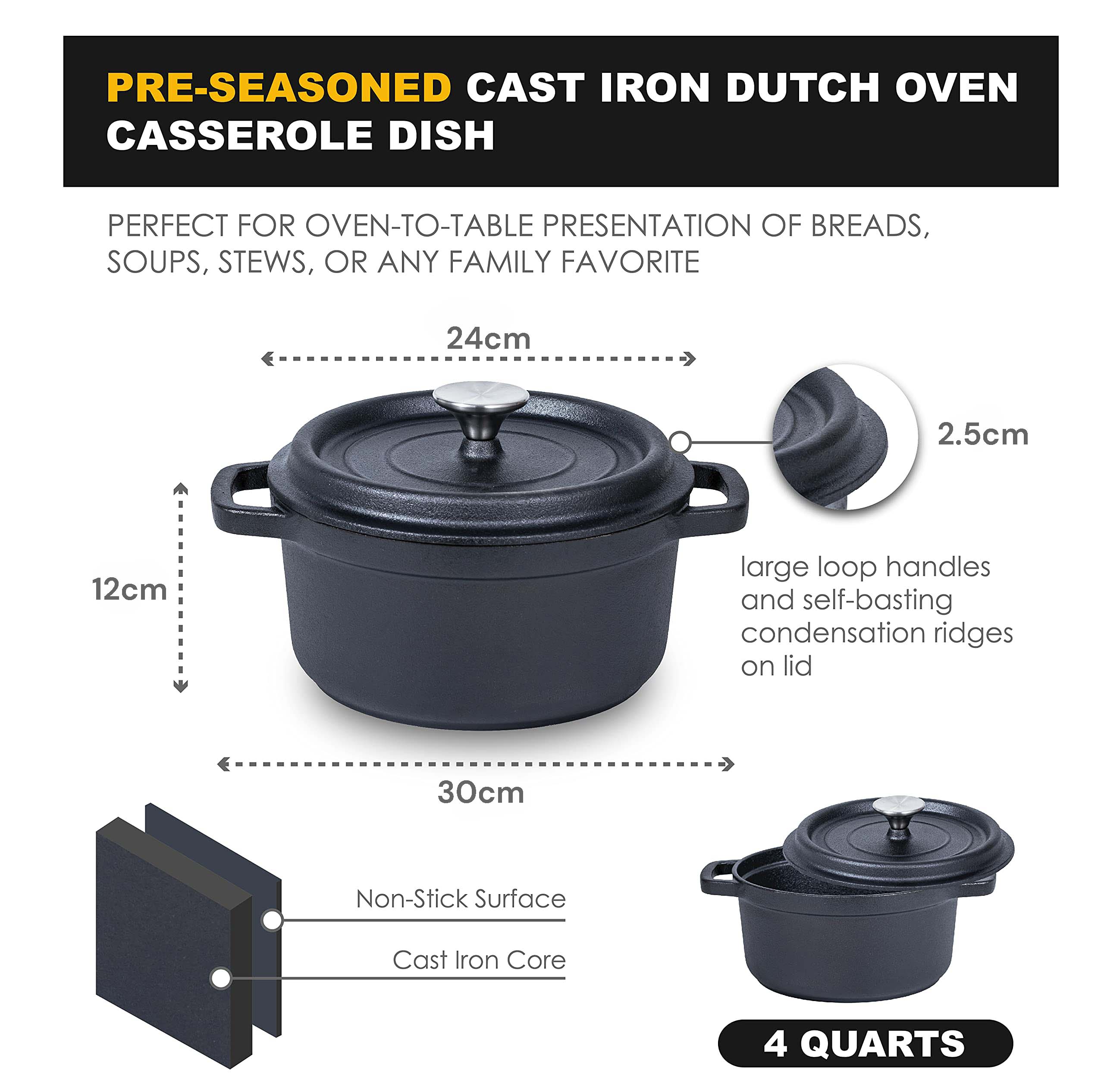 24cm Pre-seasoned NonStick Cast Iron Dutch Oven Handles Lid Skillet Cookware Braising Pot Pan Casserole 3