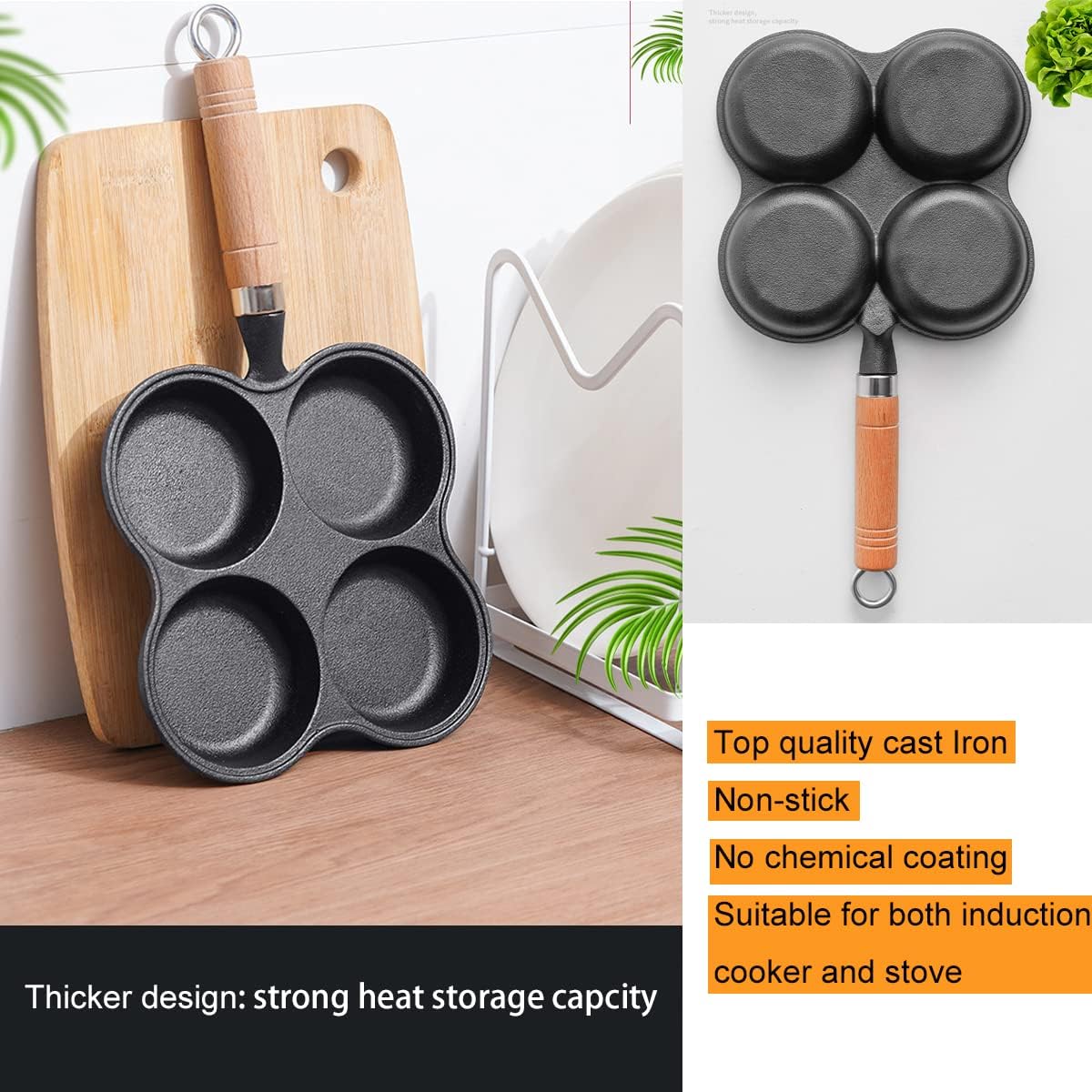 4 Cup Cast Iron Egg Frying Pan Divided Egg Skillet Pan Fried Egg Pan Cooker Pancake Egg Fryer 3