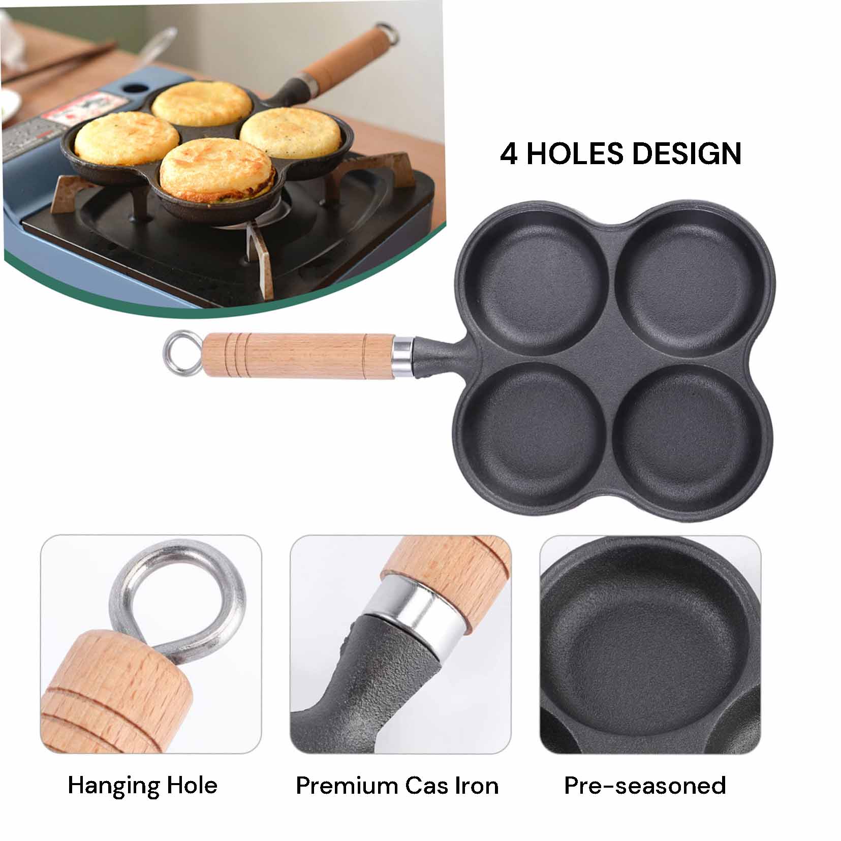 4 Cup Cast Iron Egg Frying Pan Divided Egg Skillet Pan Fried Egg Pan Cooker Pancake Egg Fryer 5
