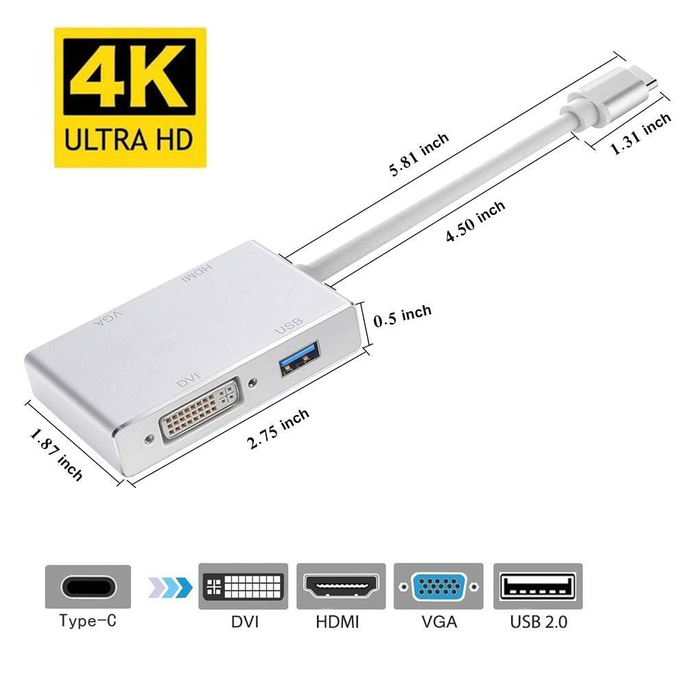 4in1 USB 3.1 Type-C Hub to HDMI Video Adapter 4K Male to Female Converter 7