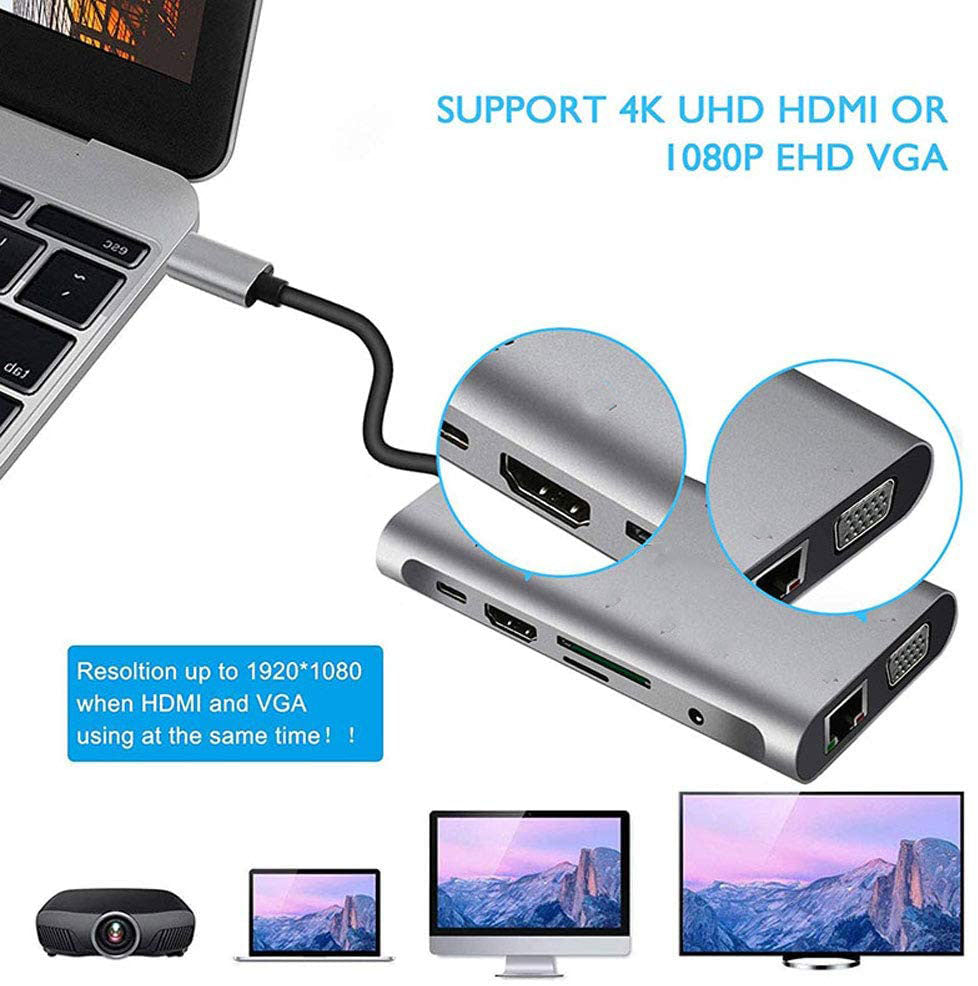 USB HUB C 10 in 1 Type C Adapter Dock 3 USB 3.0 Port 4K HDMI 1080P VGA RJ45 Ethernet 3