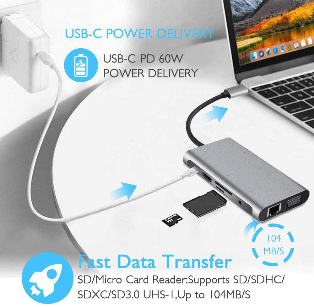 USB HUB C 10 in 1 Type C Adapter Dock 3 USB 3.0 Port 4K HDMI 1080P VGA RJ45 Ethernet 4