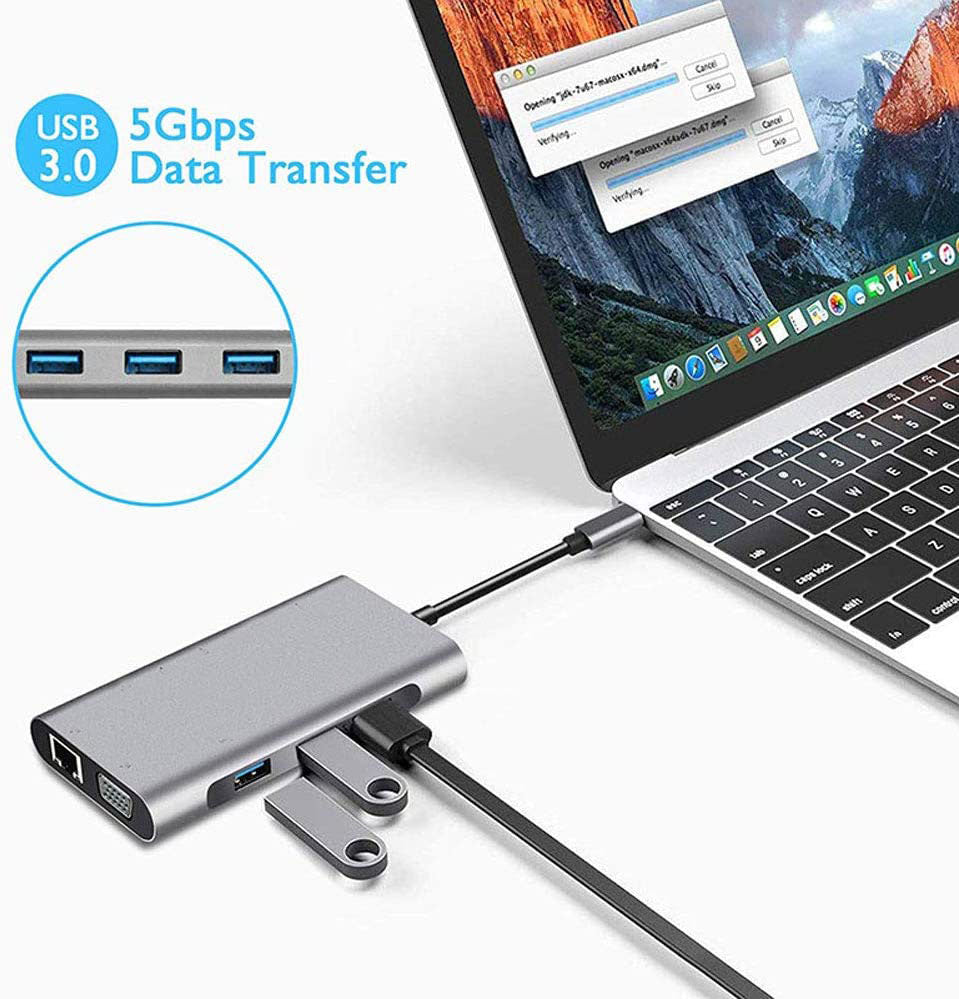 USB HUB C 10 in 1 Type C Adapter Dock 3 USB 3.0 Port 4K HDMI 1080P VGA RJ45 Ethernet 5