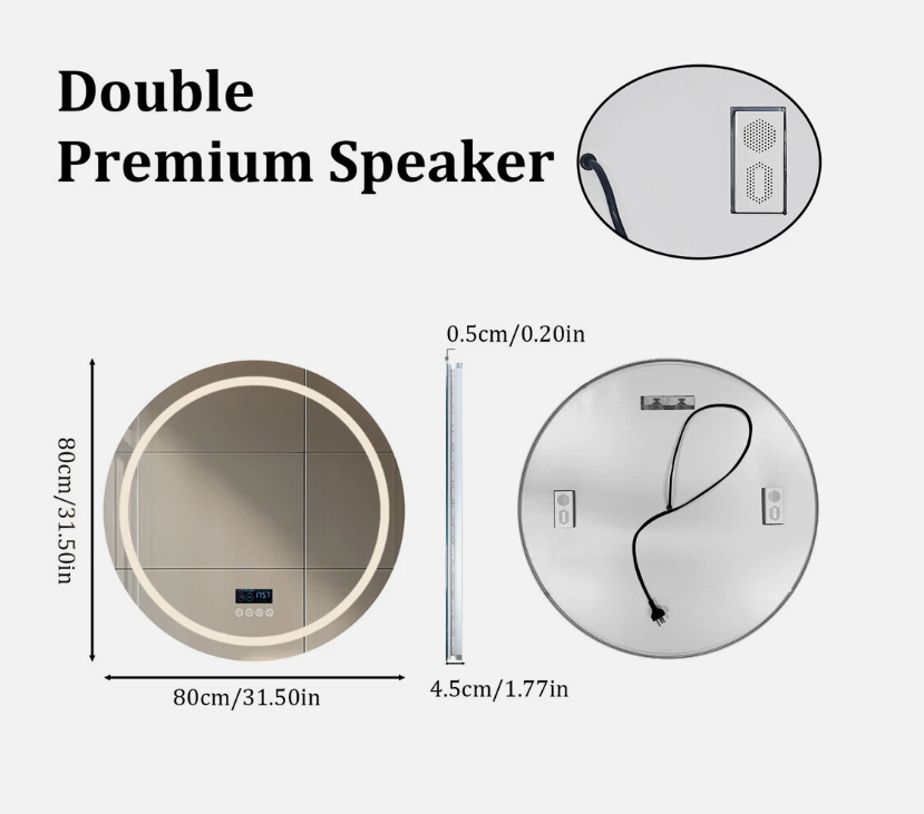 Interior Ave - 80cm Round Frameless LED Bathroom Mirror – Bluetooth 5