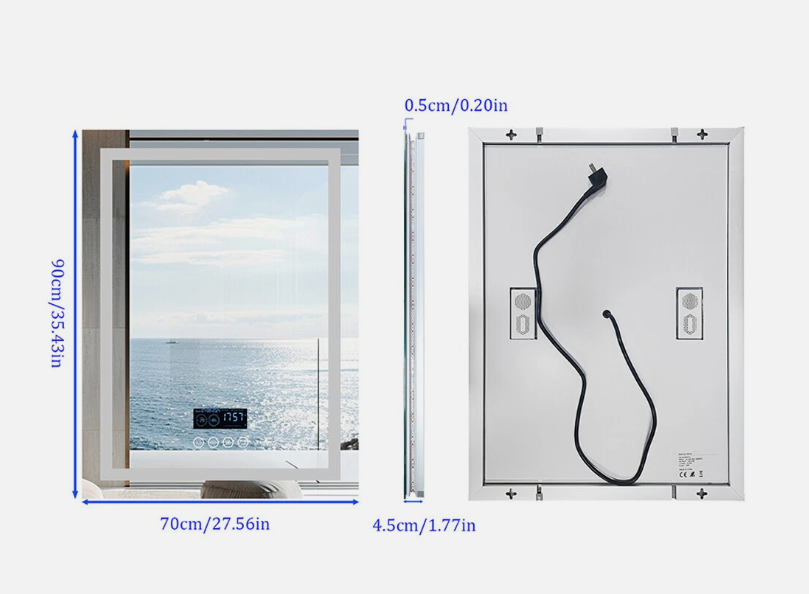 Interior Ave - 70 x 90cm Rectangle Frameless LED Bathroom Mirror – Bluetooth 5