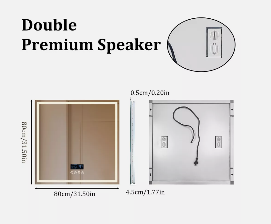 Interior Ave - 80 x 80cm Square Frameless LED Bathroom Mirror – Bluetooth 4