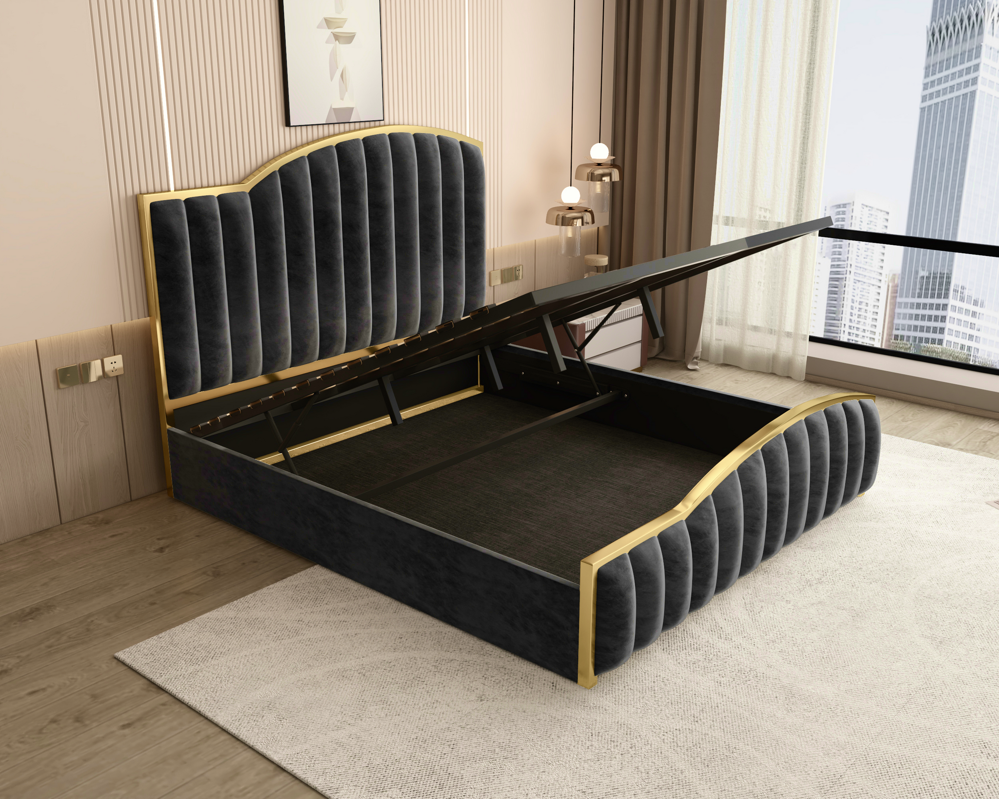 King Size Elegant Luxury Bedframe with Gas Lift Storage Charcoal Velvet Fabric Golden Trim 3