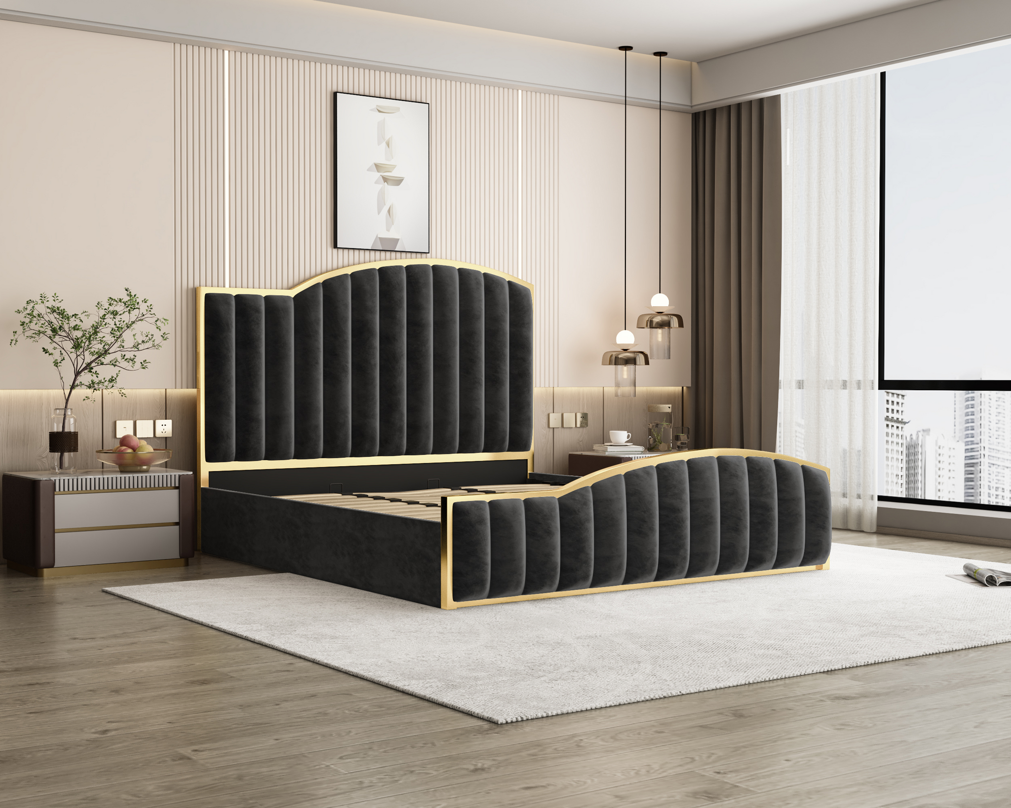 King Size Elegant Luxury Bedframe with Gas Lift Storage Charcoal Velvet Fabric Golden Trim 4