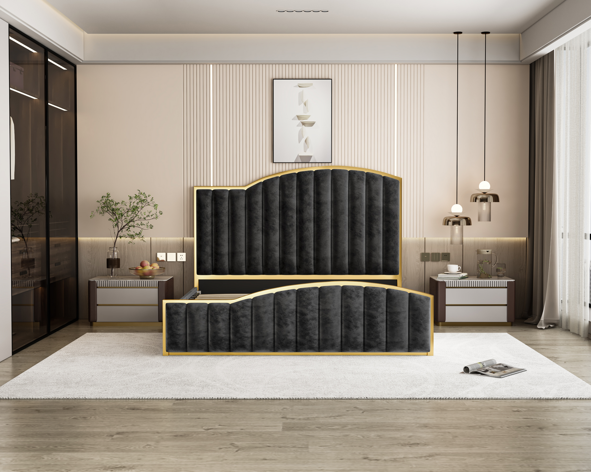 King Size Elegant Luxury Bedframe with Gas Lift Storage Charcoal Velvet Fabric Golden Trim 7