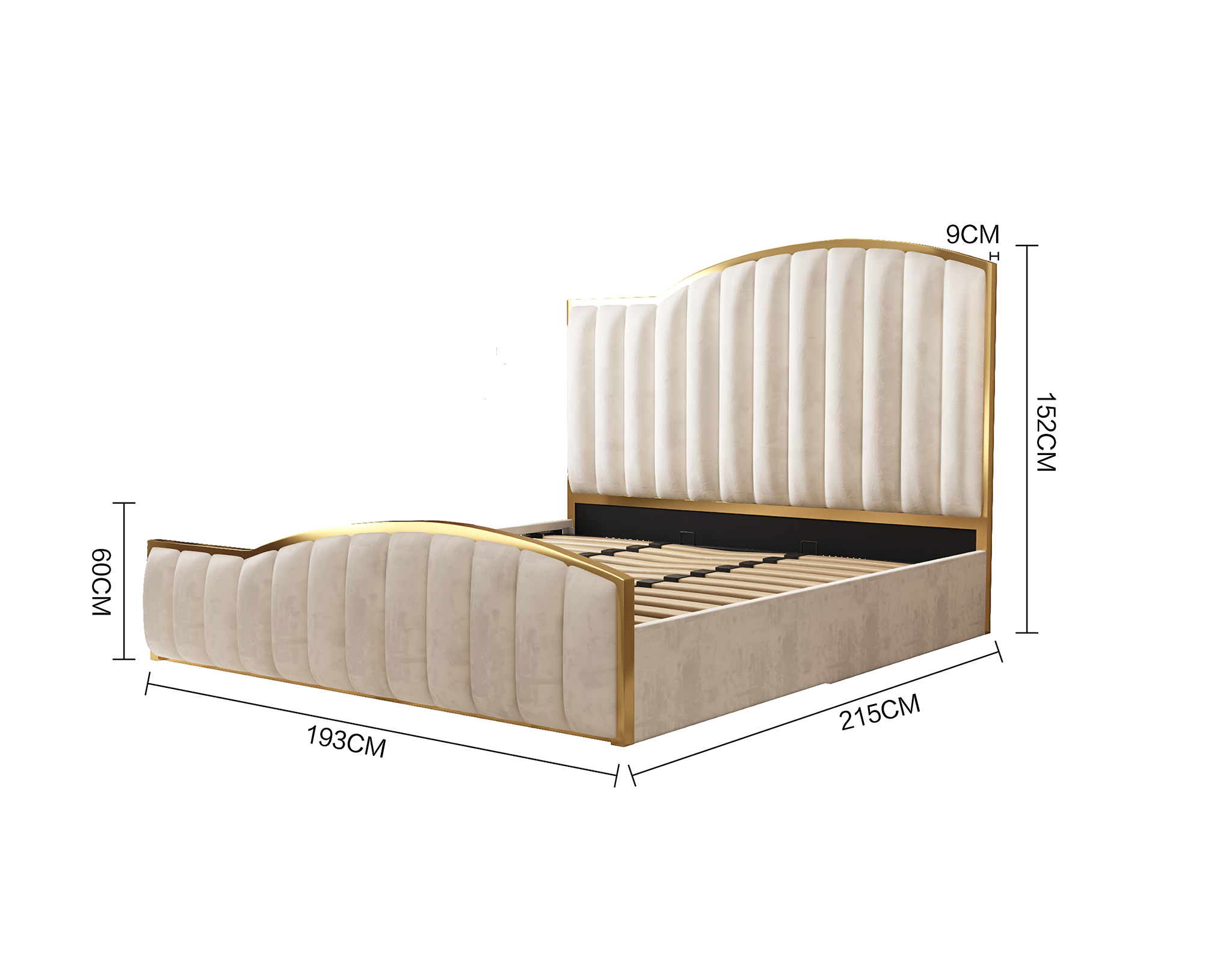 Elegant Luxury King Size Bedframe in Beige with Gas Lift Storage Velvet Fabric Golden Trim 3