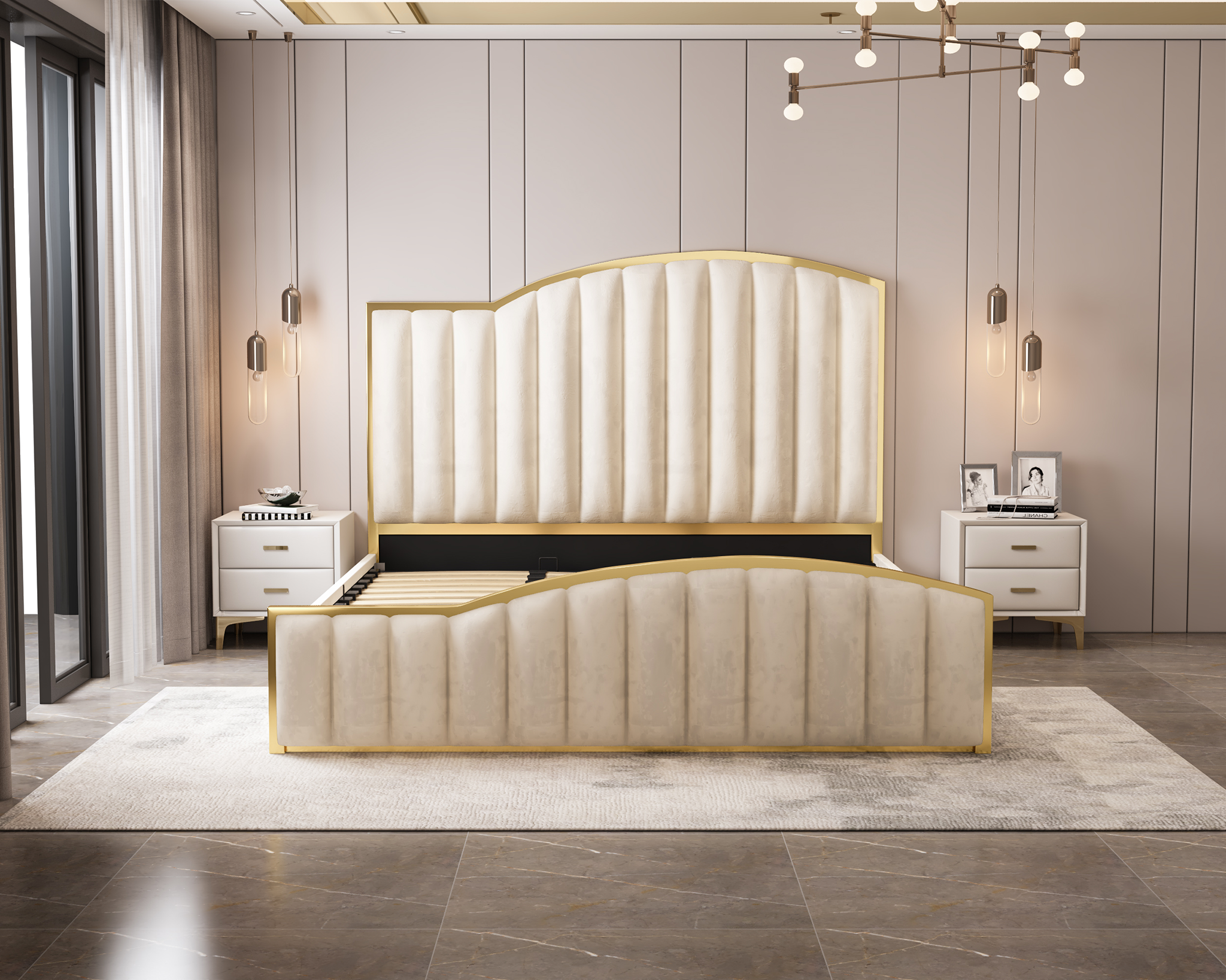 Elegant Luxury King Size Bedframe in Beige with Gas Lift Storage Velvet Fabric Golden Trim 5
