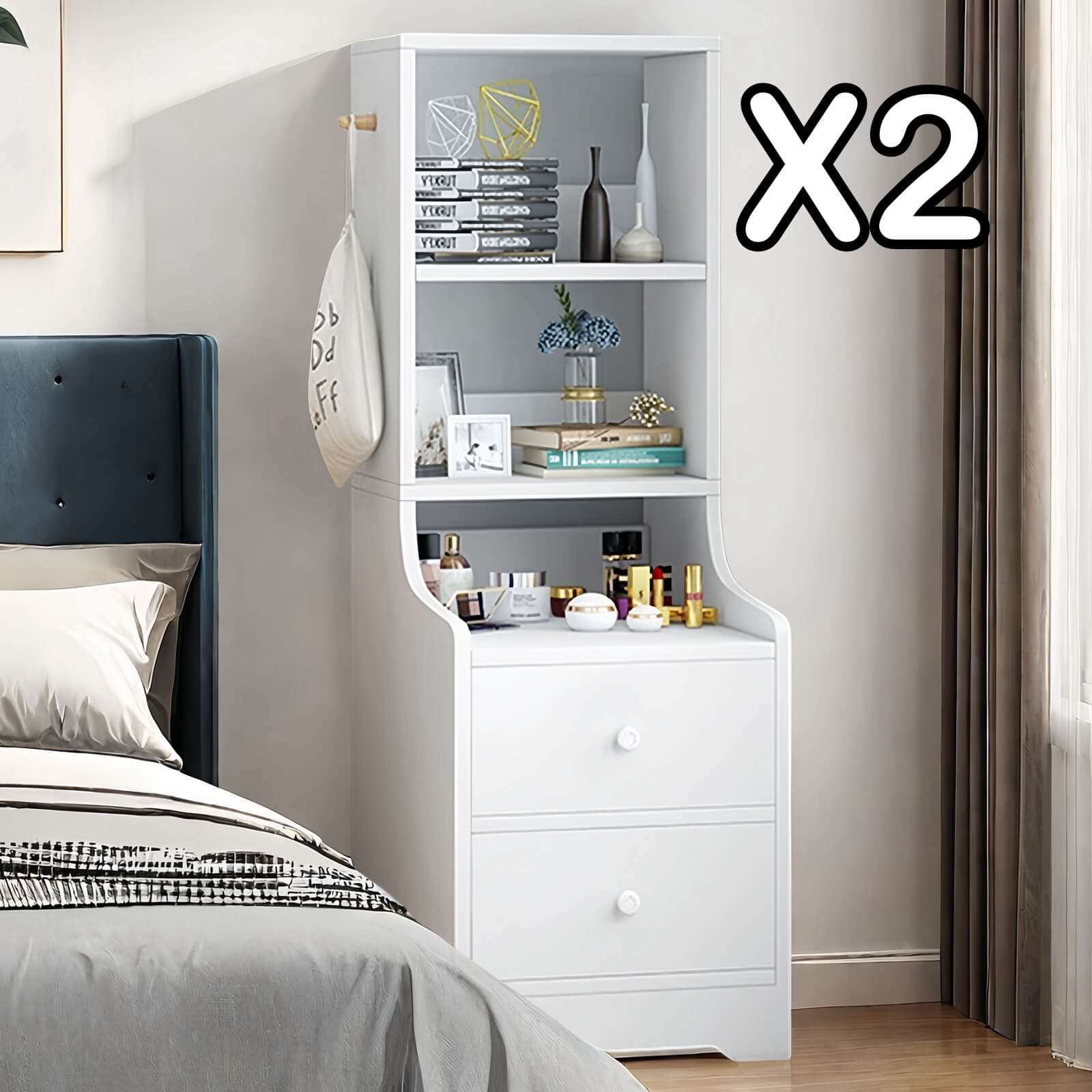 2x Bedside table set with drawers, slim tall cabinet, multifunctional design