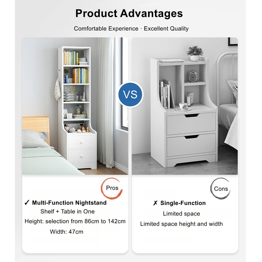 2x Bedside table set with drawers, slim tall cabinet, multifunctional design 3