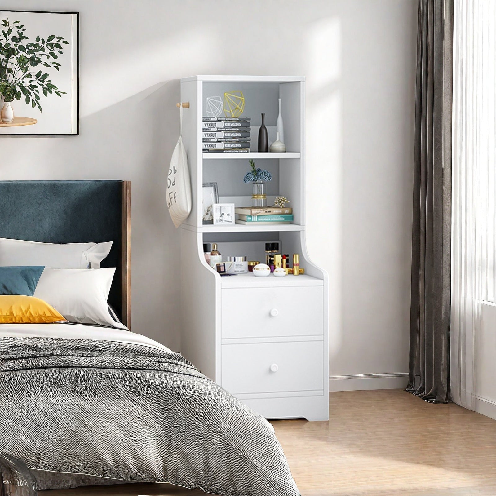 2x Bedside table set with drawers, slim tall cabinet, multifunctional design 11