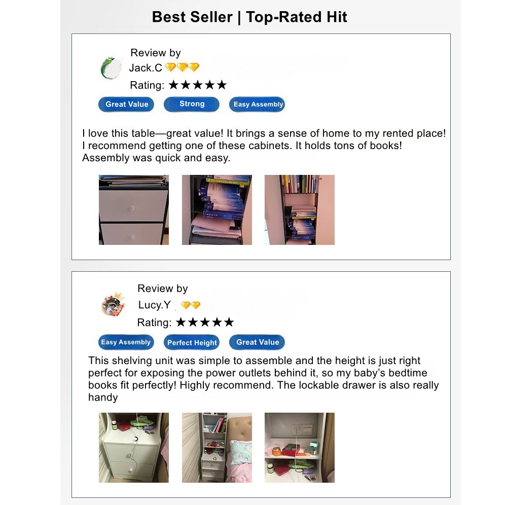 2x Bedside table pair with shelves drawers side hook modern design white 5