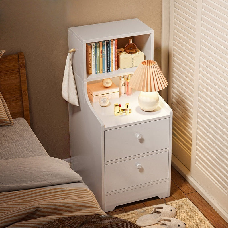 Minimalist Bedside Cabinet White Cosmetic Storage Dual Shelves Curved Design 11