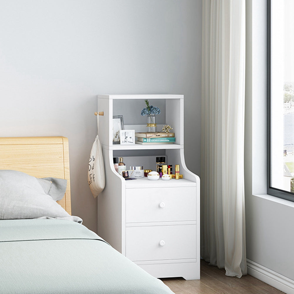 2x bedside table set with shelves and drawers modern white design 12