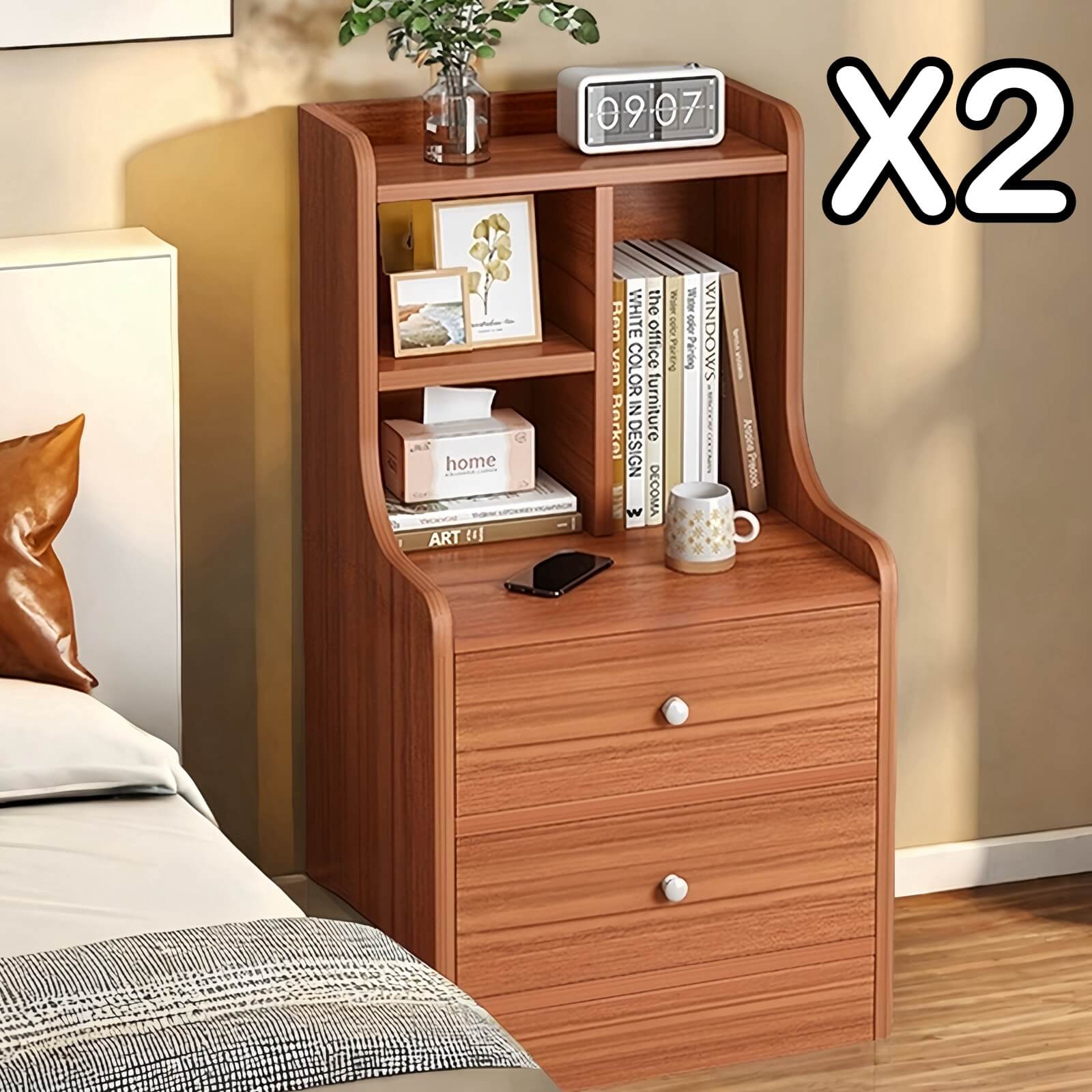 2x bedside table set wooden vintage storage bedroom furniture nightstand