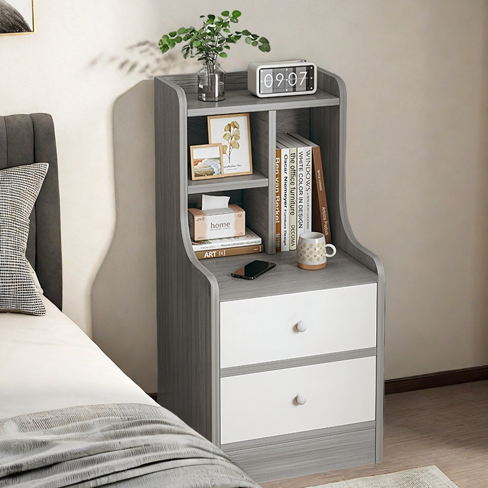 Minimalist Nightstand Light Gray Wood Grain White Fronts Curved Design Drawers 11