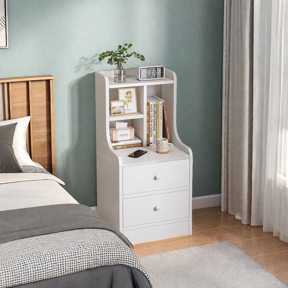 White Nightstand Wooden Knobs Divided Storage Sections Drawers Curved Sides 11