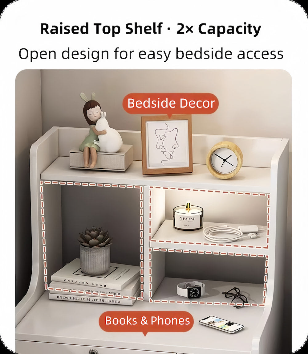 White Nightstand Security Drawer Open Shelf Storage Tray Wooden Knob Minimalist 4