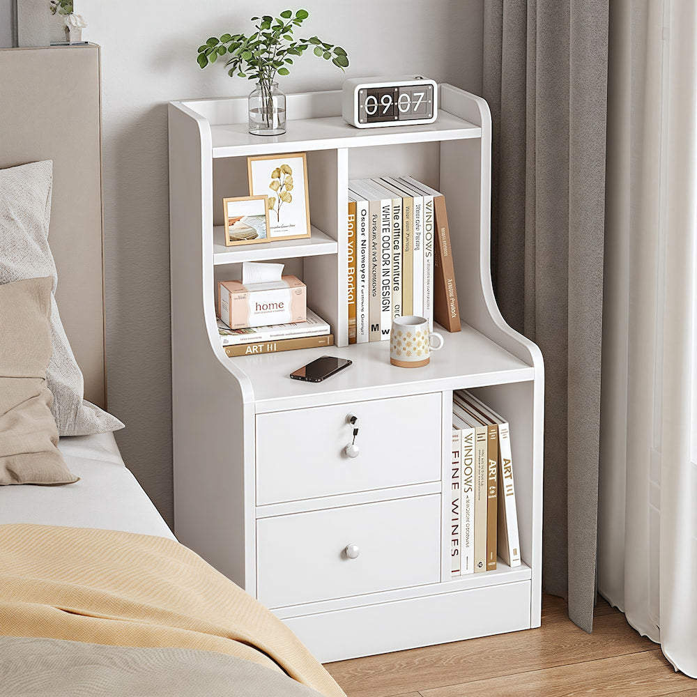 White Nightstand Security Drawer Open Shelf Storage Tray Wooden Knob Minimalist 12